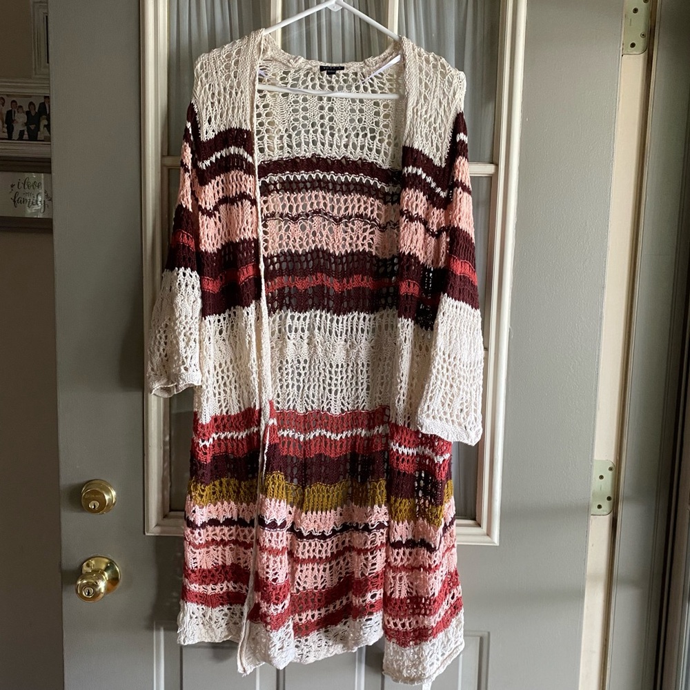 Torrid Striped Open-Front Knit Crochet Cardigan